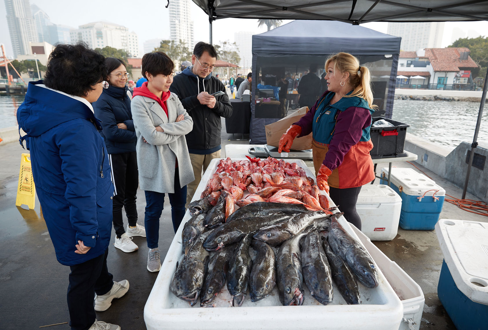 Customers Shop for Fresh Seafood at Fish Market