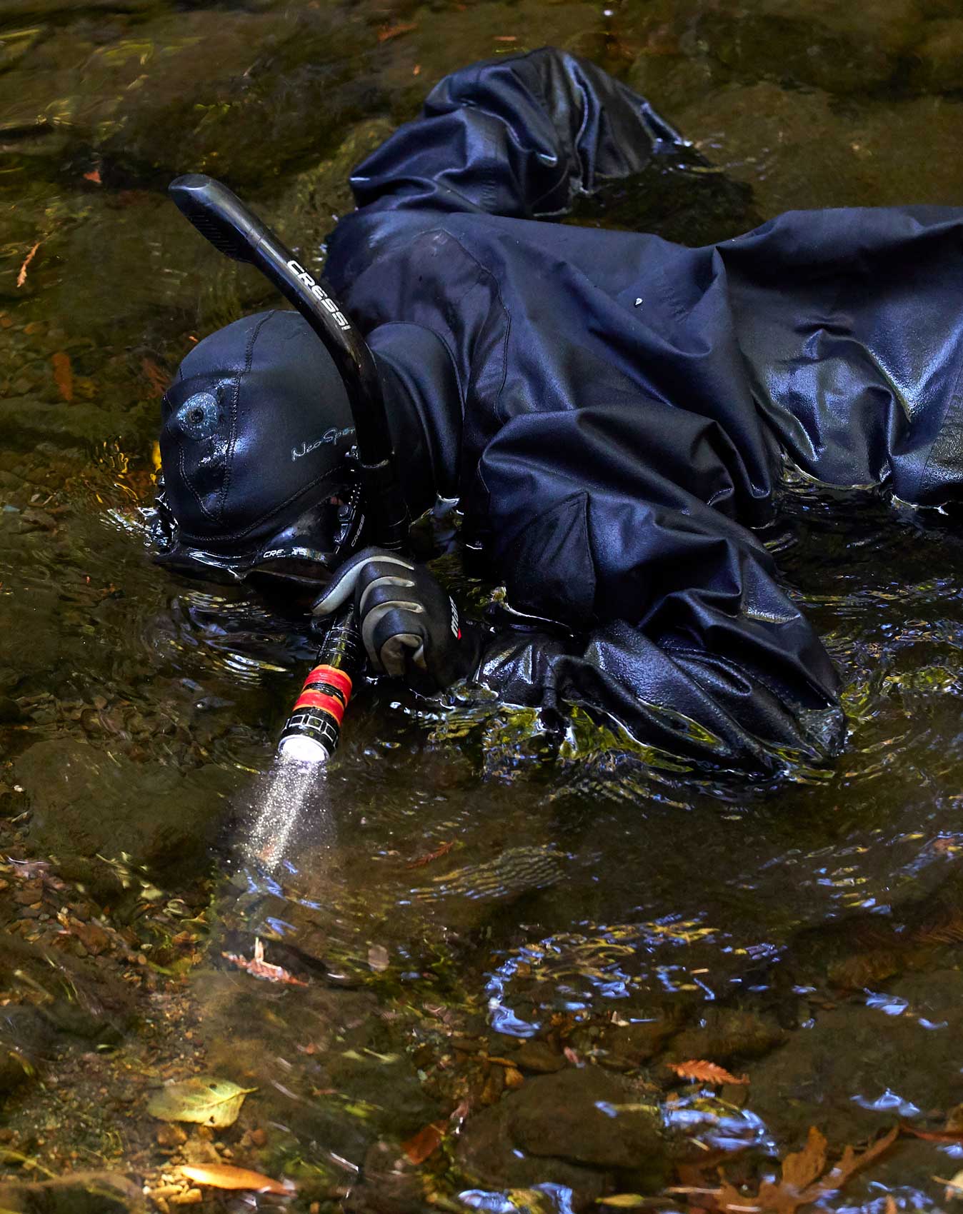 Researcher in Wetsuit uses Flashlight in Stream